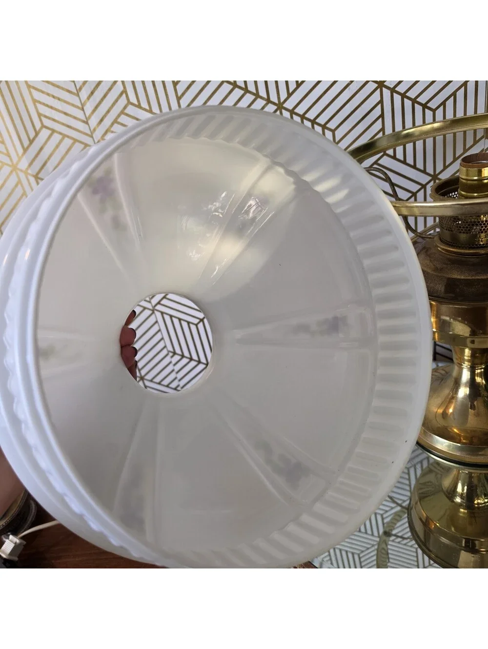 Vintage Kerosene Oil Style Brass Lamp Mill Glass Shade Purple Floral Hong Kong